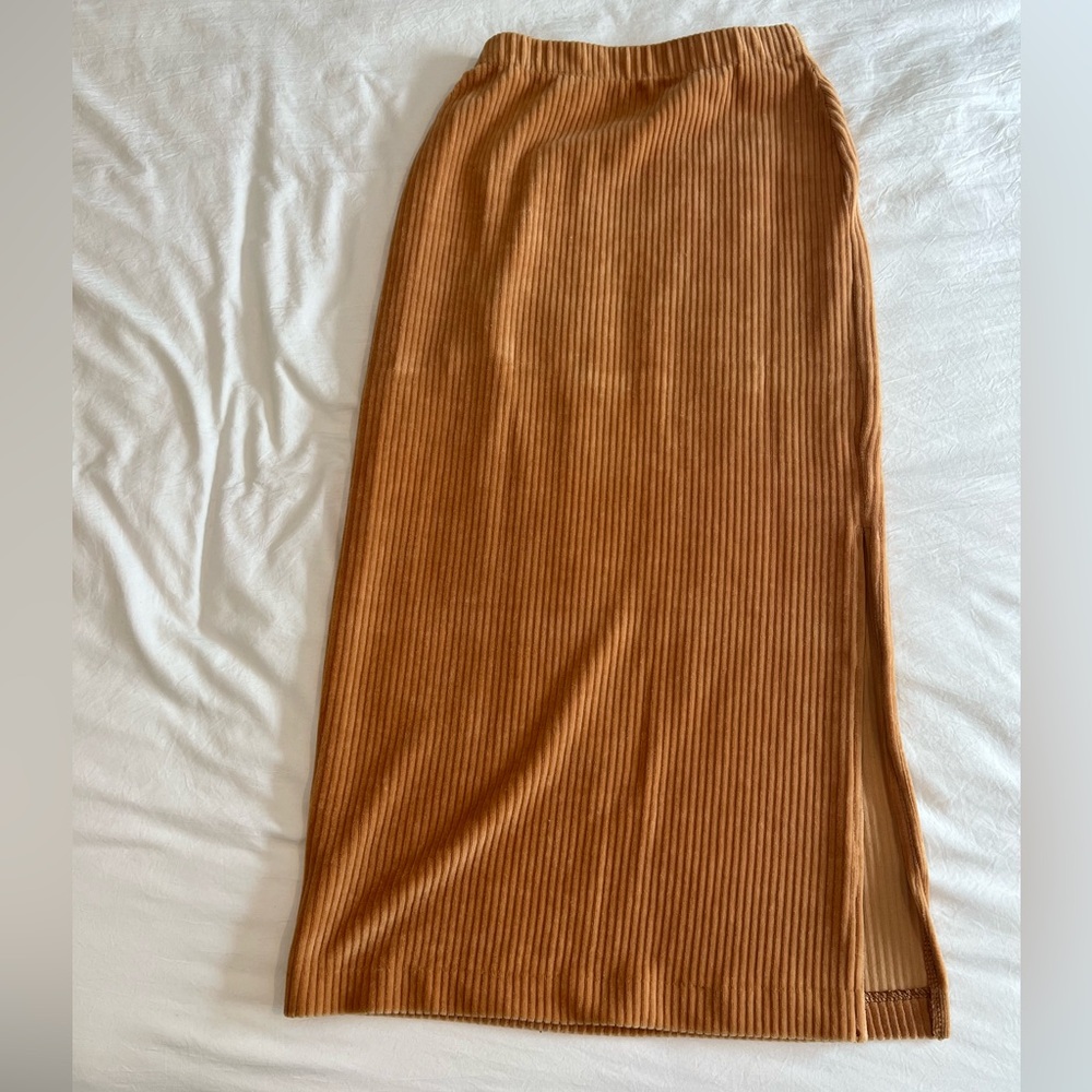 Free People Gold Ribbed Midi Pencil Skirt with Slit